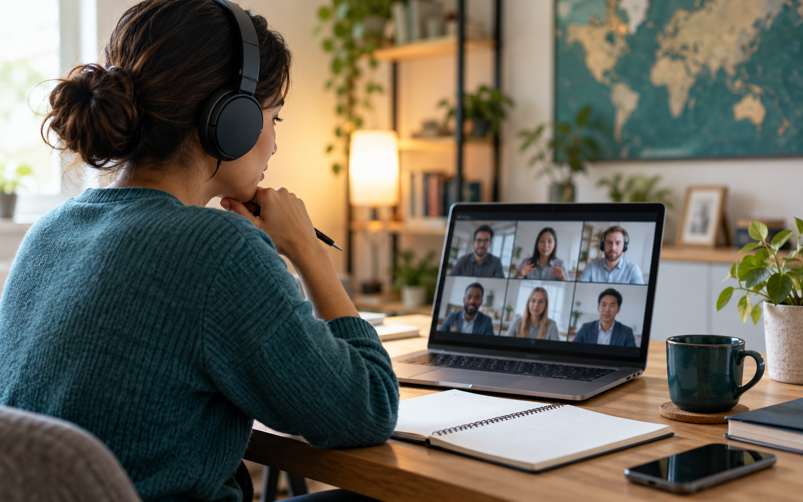 Una profesional participa en una videollamada con colegas de varios países.